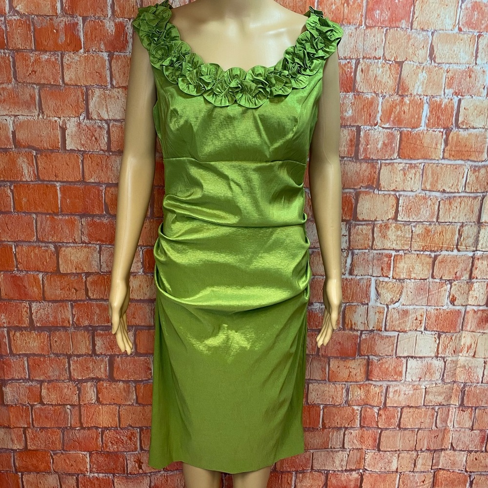London Times Green Ruffled Flower Neckline Side-Ruched Dress